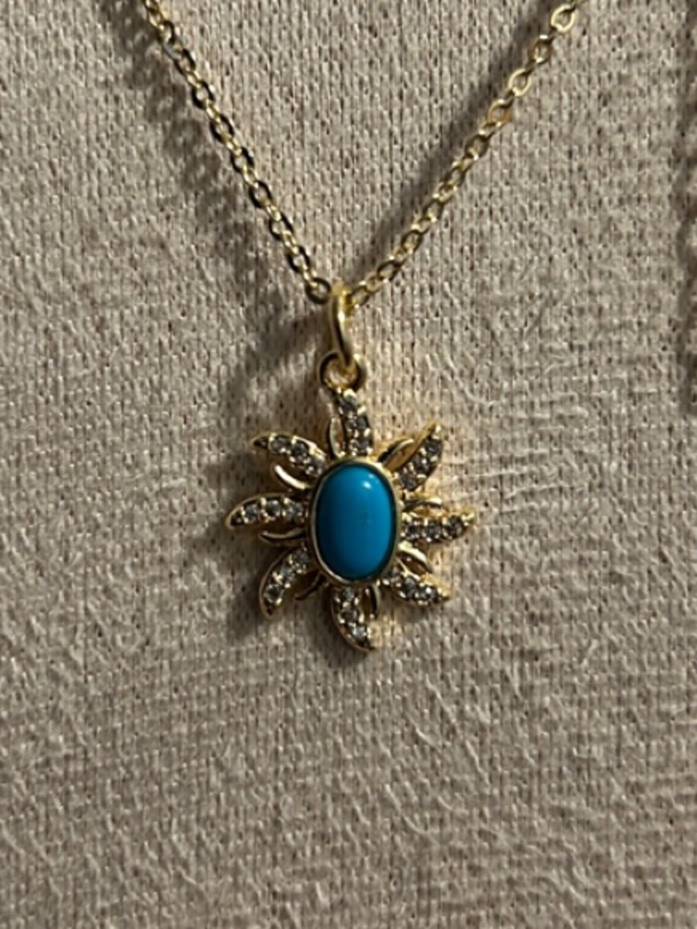 Gold Plated Sunburst Pendant Necklace with Turquoise Stone by Adina Eden NEW